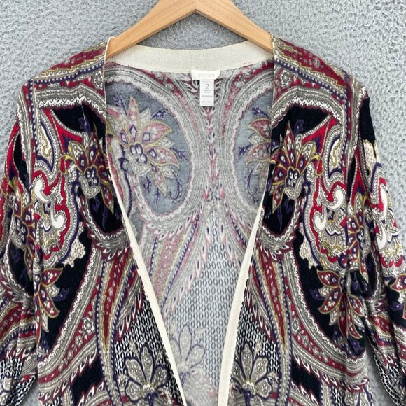 Chicos Sweater Womens 2 US Large Red Multi Batik Floral Open Cardigan Stretch - Picture 2 of 9
